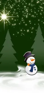 Snowman with Christmas trees and stars on a dark green night sky.