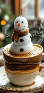 A charming snowman sits atop a steaming cup of coffee.