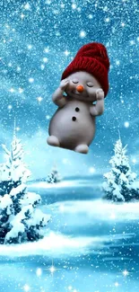 A cute snowman with red hat in a snowy winter scene.