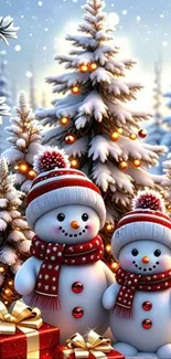 Festive snowman and Christmas tree wallpaper with gifts.