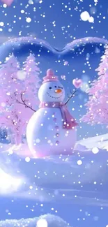 Pink snowman in glass heart with snowy trees on mobile wallpaper.