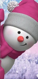 Cute snowman in pink hat and scarf in a snowy landscape.