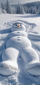 Snowman lying in a snow-covered forest landscape.