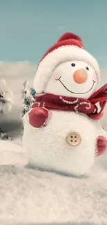 Cheerful snowman with red scarf in winter snow scene.