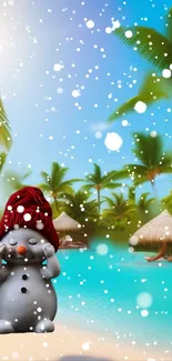 Snowman on a tropical beach with palm trees and snowflakes.