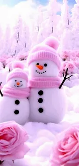 Snowmen with pink hats surrounded by roses.