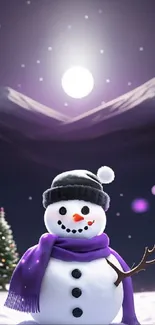 Snowman with purple scarf under a full moon on a winter night.