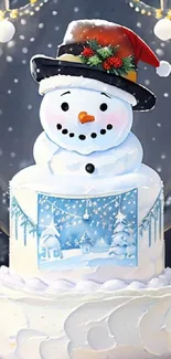 Snowman cake wallpaper with festive winter decorations.