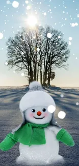 Snowman in a serene winter landscape with a clear blue sky.