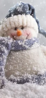 Cute snowman in winter attire with falling snow.