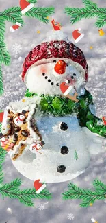 Charming snowman with red hat and green scarf on snowy background.