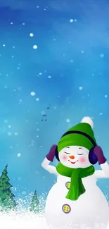 Cartoon snowman in winter scene with blue sky and pine trees.