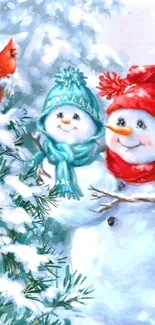 Snowmen and birds in a colorful winter scene with snowy trees and red accents.