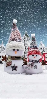 Charming snowman in a snowy landscape with festive hats under falling snow.