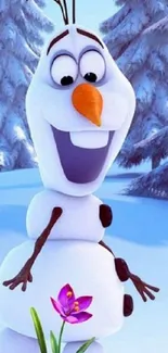 Snowman smiling beside a vibrant flower.