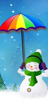 Snowman with green scarf and rainbow umbrella in a wintry scene.