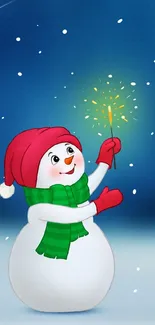 Snowman in red and green holding a sparkler in snowy scene.