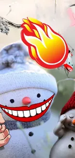 Cartoon snowmen with a playful fire and ice theme, bright and festive.