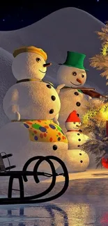 Festive snowmen and sled in a winter wonderland scene.