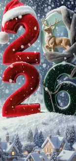 Snowy 2026 winter scene with reindeer, snow, and cozy village.