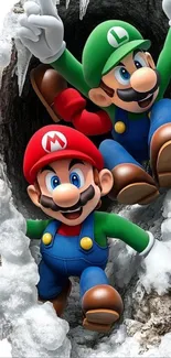 Colorful video game characters in snowy adventure scene.