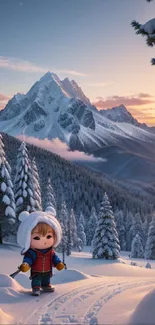 Cute figure in snowy mountain landscape with trees and sunset.