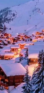 Snowy alpine village at dusk with warm glowing cabins amidst mountains.