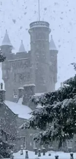 Snowfall at Balmoral Castle with trees and a serene winter landscape.