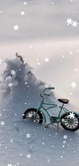 Vintage bicycle in snow with falling snowflakes, serene winter mobile wallpaper.