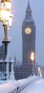 Snowy Big Ben under a clear winter evening sky.