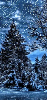 Snowy trees and icy lake under a dark blue sky in winter forest.