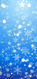 Blue wallpaper with snowflakes and stars for a winter theme.