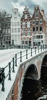 European city with snowy bridge and historic buildings in winter.