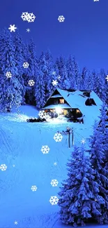 Snow-covered cabin in a blue winter forest night.