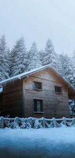 Charming wooden cabin surrounded by snow-covered forest trees.