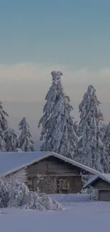 Snowy cabin and trees under a serene blue sky.