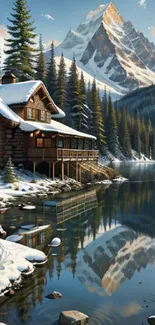 Snow-covered cabin beside a calm lake with mountain backdrop and trees.