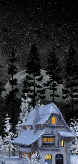 Snowy cabin in the forest under a starry night sky image.