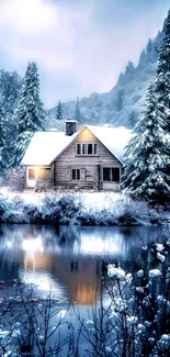 Snowy cabin by a lake with reflections on a serene winter day.