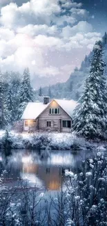 Snowy cabin with lake reflection in serene winter landscape.