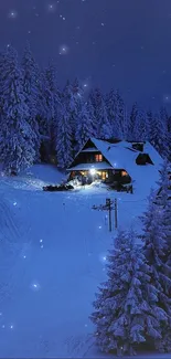 Snowy cabin illuminated in dark blue winter night, surrounded by forest.