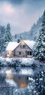 Snowy cabin by a reflective lake with surrounding forest under a wintry sky.