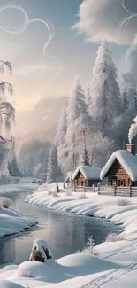Peaceful snowy cabin by a frozen river under frosted trees in a winter scene.