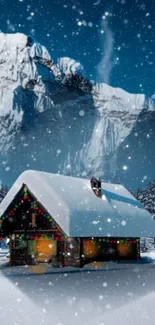 Snowy cabin with colorful lights under a majestic snowy mountain.