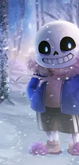 Cartoon character in blue jacket in snowy winter scene.