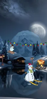 Snowy mountain landscape with cartoon snowmen and festive lights under a moonlit sky.