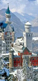 Snowy castle with mountains in winter setting as a mobile wallpaper.