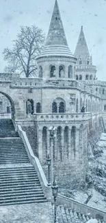 Snow-covered castle with stone stairs in winter.