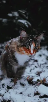 Cat in snowy forest during winter, creating serene mobile wallpaper.