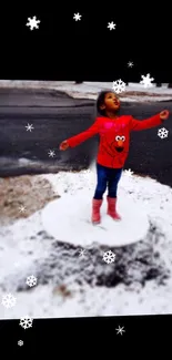 Child enjoying winter snow with falling snowflakes around.